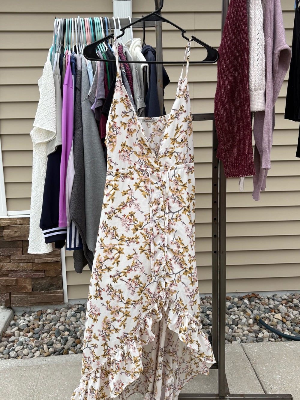Charlotte Russe White Floral Print Maxi Dress with Pink and Mustard Accents